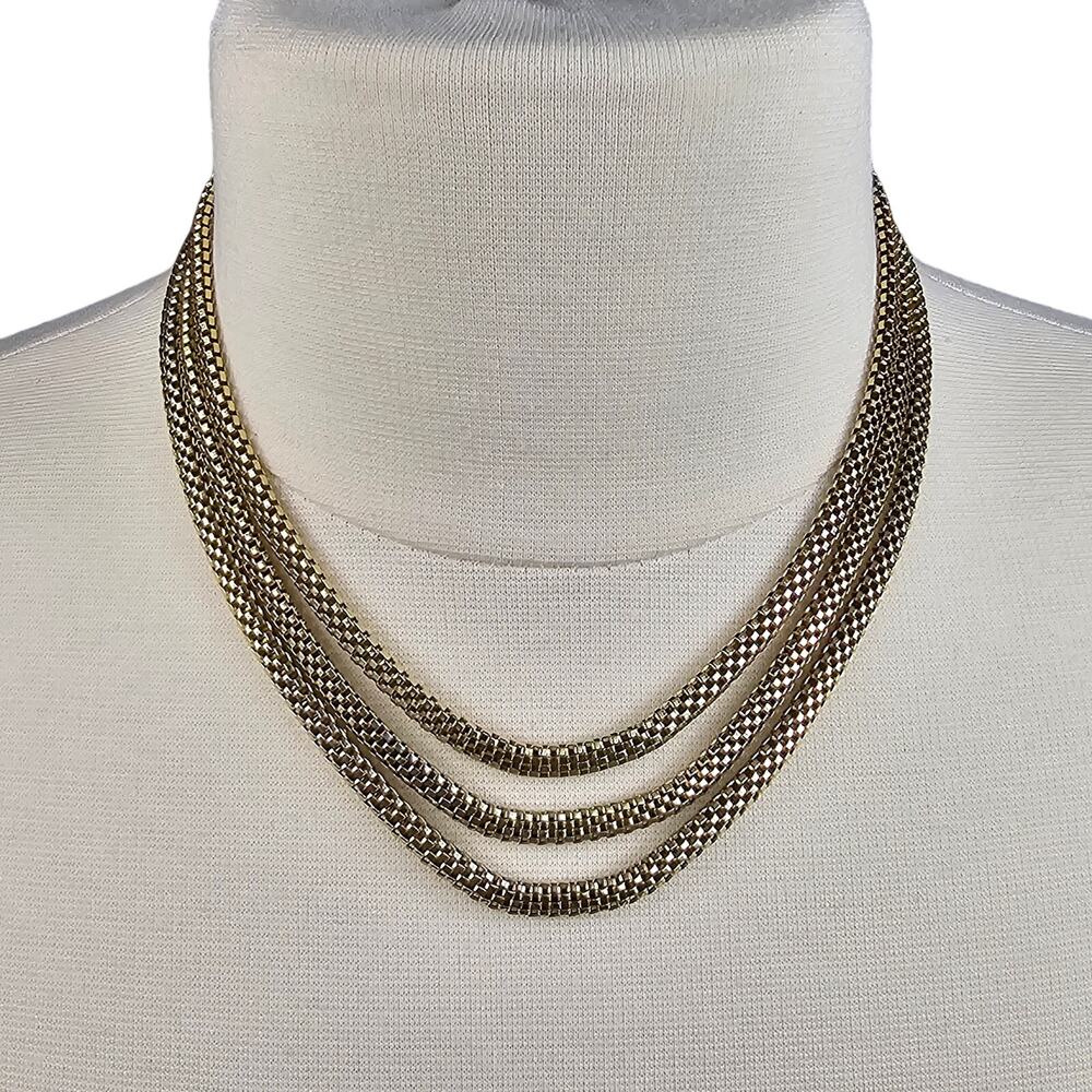 Vintage Multi Strand Woven Mesh Chain Collar Necklace Gold Tone SAO Signed